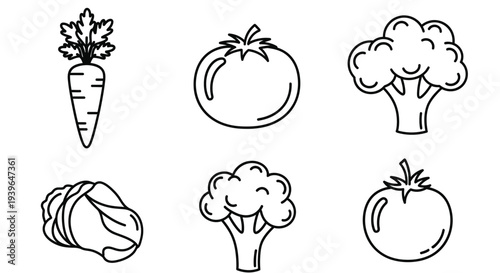 Hand Drawn Vegetable Icons: Carrot, Tomato, Broccoli, Cabbage Outline