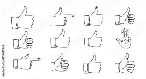 Hand Gestures: Thumbs Up, Pointing, and Counting Icons - Sketch Style