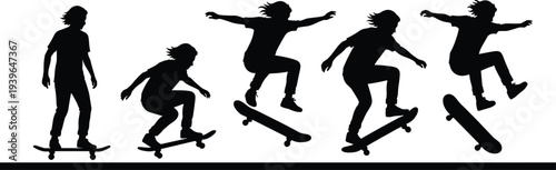 Black Silhouette Set Showing a Skateboarder Performing an Ollie Jump Sequence Including Preparation Takeoff Air Time and Landing for Extreme Sports and Youth Lifestyle