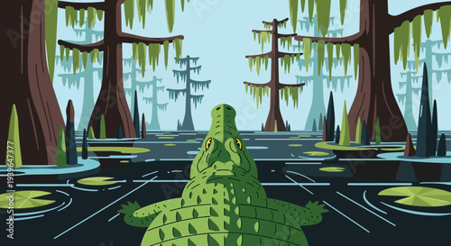 Aggressive alligator in swamp, cypress trees, moss, water, nature, wildlife illustration