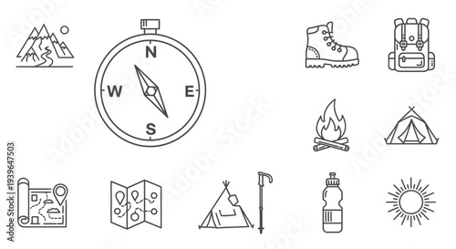 Hiking and Camping Icons Set: Adventure, Travel, Outdoors