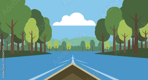 Boating on a calm river through a lush green forest, clear blue sky with clouds