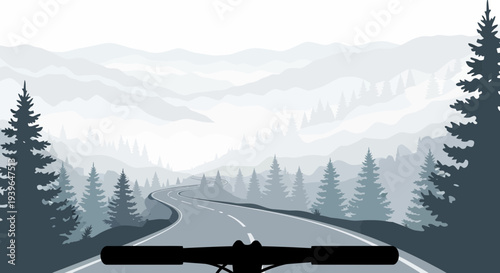 Bicycle POV on winding mountain road through pine forest, misty landscape