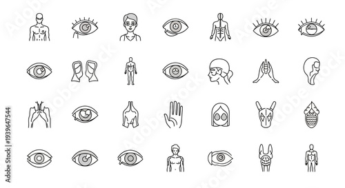 Human Anatomy Icons Set: Body Systems, Eyes, and Medical Illustrations
