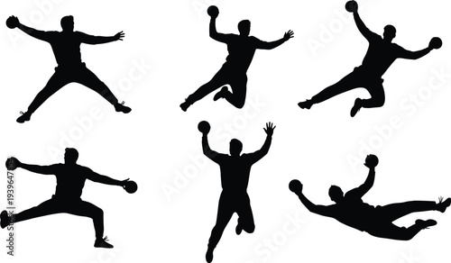 Collection of black silhouettes of handball players jumping and throwing balls isolated on white background for sports and athletic design.
