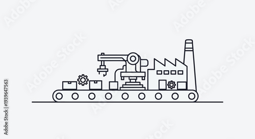 Industrial Automation Robot Arm on Assembly Line with Factory Building