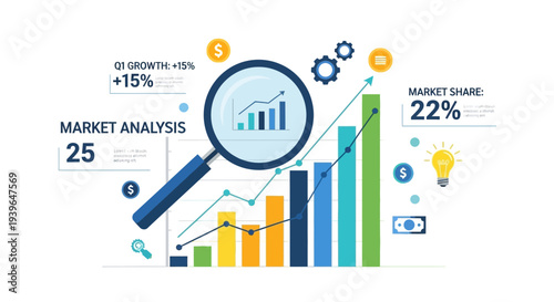 Business growth analysis with magnifying glass, bar chart, and financial icons