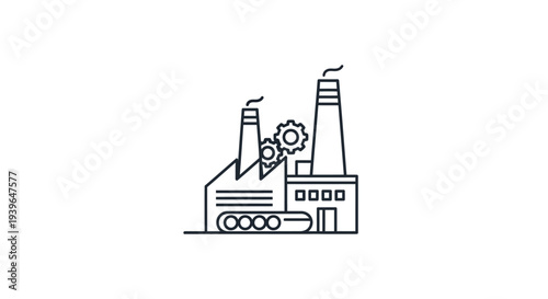 Industrial Factory Building Icon with Gears and Smoke, Line Art