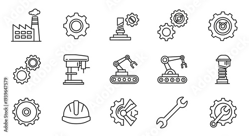 Industrial Icons: Factory, Gears, Robot Arm, Wrench, Hard Hat, Drill Press