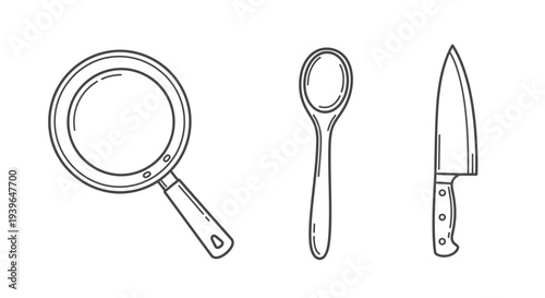 Kitchen Utensils: Frying Pan, Spoon, and Knife Line Art