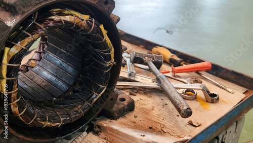 Damaged electric motor stator with tools on workbench for repair