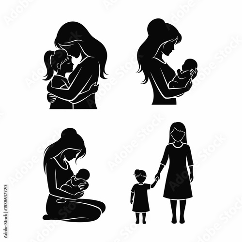 Mother Silhouettes Hugging Children and Holding Babies Vector Art