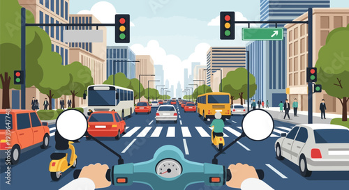 City Traffic Scene from Scooter POV, Urban Commute, Cars, Bus, Traffic Lights