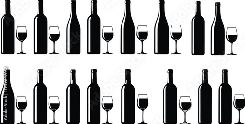 Wine Bottle and Glass Silhouette Collection, Large Set of Alcohol Beverage Icons, Vector Illustration, Vineyard Cellar Design, Drinks Silhouettes, Bar Menu