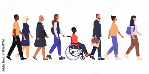 Diverse group of people walking together including a person in a wheelchair