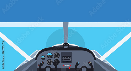 Cockpit View of Airplane Dashboard and Sky - Illustration