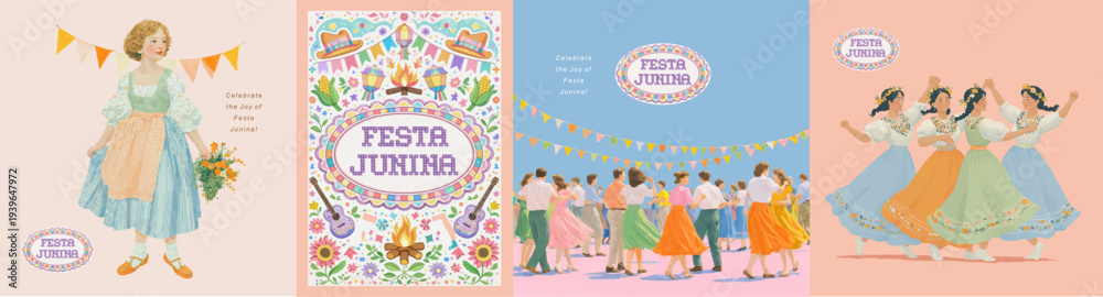 Fototapeta premium Festa Junina vector poster collection with traditional dancers, colorful flags, bonfire and folk costumes. Brazilian June festival celebration design featuring festive ornaments and cultural elements.