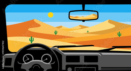 Desert Road Trip View From Car Interior: Dunes, Cacti, Sun, Mirror