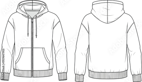 Unisex White Zip Up Hoodie Technical Sketch Front and Back View Fashion Flat CAD Drawing Template Vector Illustration for Apparel Design