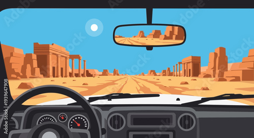 Desert Road Trip View From Car Dashboard, Ancient Ruins on Horizon