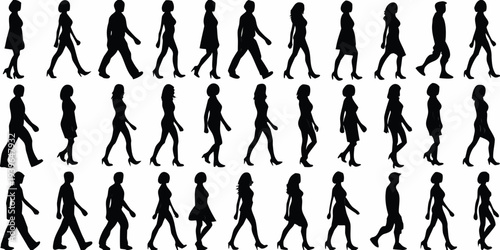 A collection of black silhouettes depicting people in various walking poses
