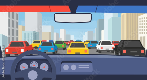 Driver's view of traffic jam in city street, car interior perspective