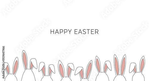A minimalist illustration of Easter bunnies lined up with 'HAPPY EASTER' text above them, viewed from behind, on a plain background.