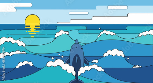 Dolphin leaping through stylized ocean waves at sunset