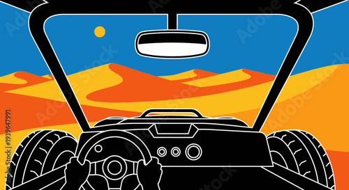 Driving Dune Buggy in Desert Landscape with Sun