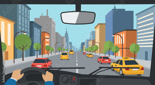 Driving through city street with cars and buildings perspective from driver's seat