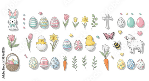 Collection of Easter-themed illustrations featuring eggs, flowers, and animals arranged in a grid pattern