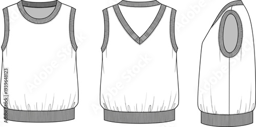 Women Knitted Sweater Vest Technical Sketch Front Back Side View White Sleeveless Pullover Fashion Flat CAD Drawing Template Vector Illustration for Design