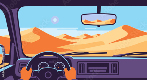 Driving through desert dunes in a car, view from inside the vehicle