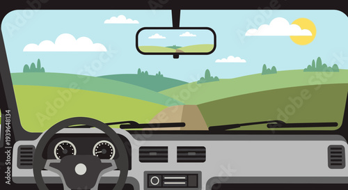 Driving through scenic countryside, view from inside car on sunny day