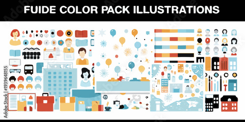 Colorful illustration pack featuring people buildings and various design elements