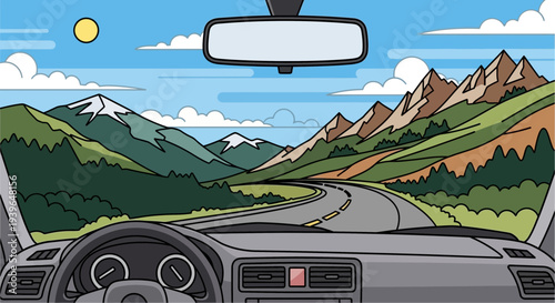 Driving through scenic mountain landscape, view from car interior, road trip adventure