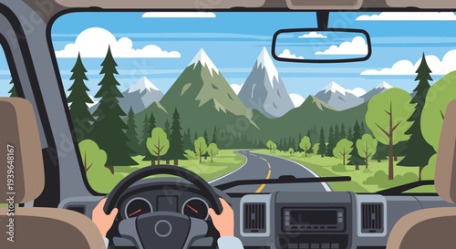 Driving through scenic mountains and forest landscape, view from car interior