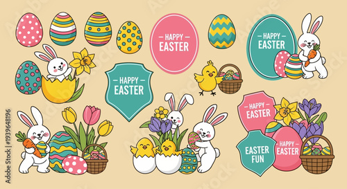 Vibrant Easter-themed illustrations featuring bunnies, eggs, and flowers in baskets from a top-down viewpoint