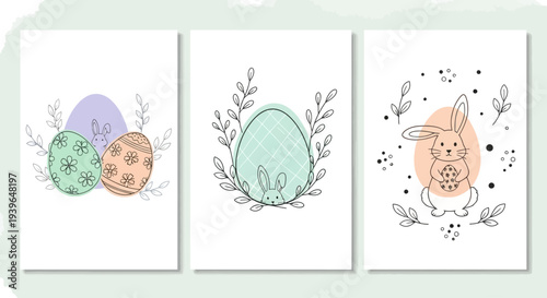 Easter-themed illustrations featuring eggs and bunny in a minimalist style from a straightforward viewpoint