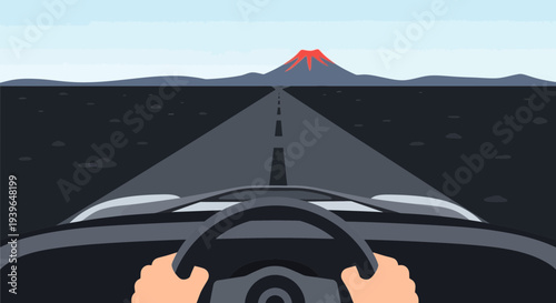 Driving Towards Active Volcano on Desert Highway, First-Person View