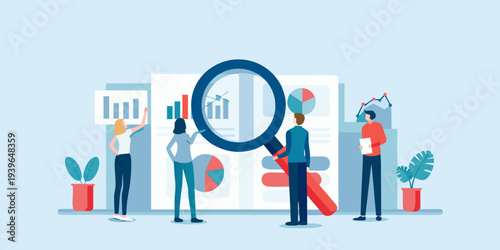 Team analyzing data and charts with a large magnifying glass