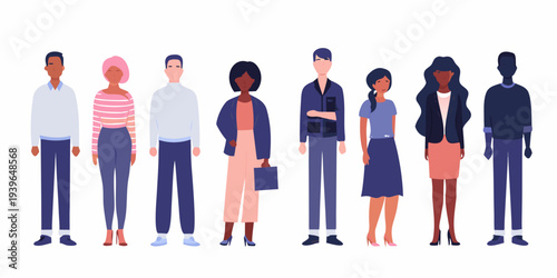 Diverse group of people standing in a row illustrated in a flat style