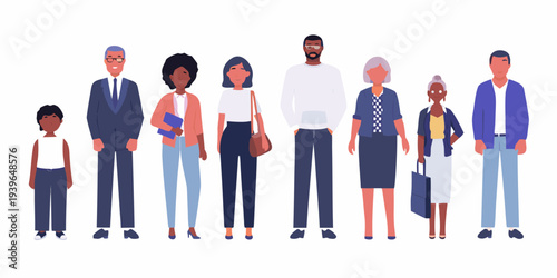 Diverse group of people standing in a row representing different ages