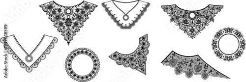 Elegant lace necklace collar set with vintage fashion jewelry decorative neck accessories collection isolated vector illustration for clothing design and textile ornament