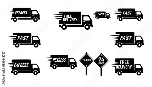 Delivery Truck icon set. Express delivery trucks icons. Fast shipping truck. Free delivery 24 hours. Logistic trucking sign. Vector illustration