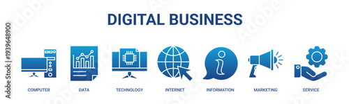 Digital Business web banner icon vector illustration concept with icons of computer, data, technology, internet, information, marketing, and service.