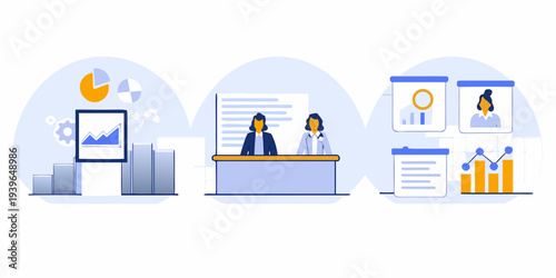 Business team collaboration and data analysis illustrated in a modern style