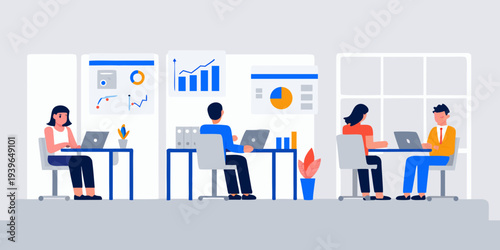 People collaborating in a modern office setting with data visualizations