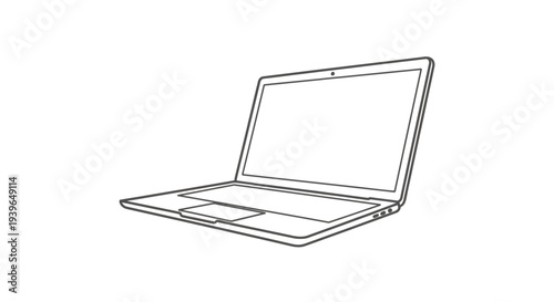 Modern Laptop Line Drawing, Open Notebook Computer, Minimalist Technology Icon