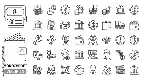 Money Icons Set: Finance, Banking, Payments, Wallet, Cash, Coins, ATM